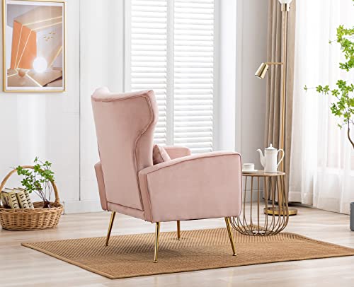 Kmax Velvet Accent Chair Mid-Century Tufted Arm Chair Gold Legs Pillow Wingback Chair for Bedroom Living Room Vanity Reading, Pink, Set of 2