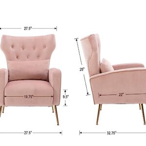 Kmax Velvet Accent Chair Mid-Century Tufted Arm Chair Gold Legs Pillow Wingback Chair for Bedroom Living Room Vanity Reading, Pink, Set of 2