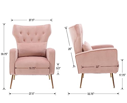 Kmax Velvet Accent Chair Mid-Century Tufted Arm Chair Gold Legs Pillow Wingback Chair for Bedroom Living Room Vanity Reading, Pink, Set of 2