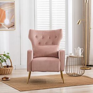 Kmax Velvet Accent Chair Mid-Century Tufted Arm Chair Gold Legs Pillow Wingback Chair for Bedroom Living Room Vanity Reading, Pink, Set of 2