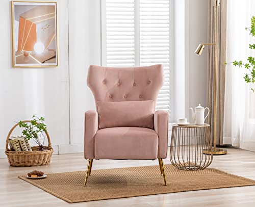 Kmax Velvet Accent Chair Mid-Century Tufted Arm Chair Gold Legs Pillow Wingback Chair for Bedroom Living Room Vanity Reading, Pink, Set of 2