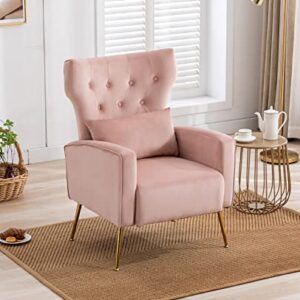 Kmax Velvet Accent Chair Mid-Century Tufted Arm Chair Gold Legs Pillow Wingback Chair for Bedroom Living Room Vanity Reading, Pink, Set of 2