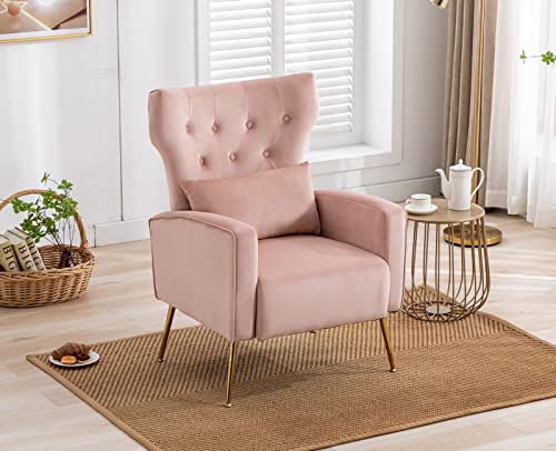 Kmax Velvet Accent Chair Mid-Century Tufted Arm Chair Gold Legs Pillow Wingback Chair for Bedroom Living Room Vanity Reading, Pink, Set of 2