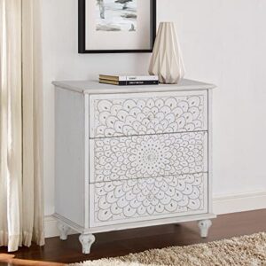 sophia & william accent storage cabinet with 3 drawers distressed storage chest with carved finch feather pattern for entryway living room bedroom