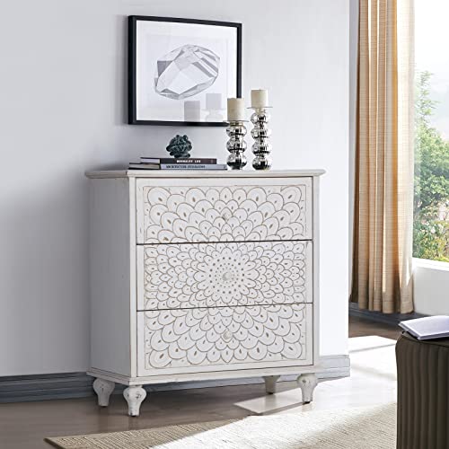 Sophia & William Accent Storage Cabinet with 3 Drawers Distressed Storage Chest with Carved Finch Feather Pattern for Entryway Living Room Bedroom
