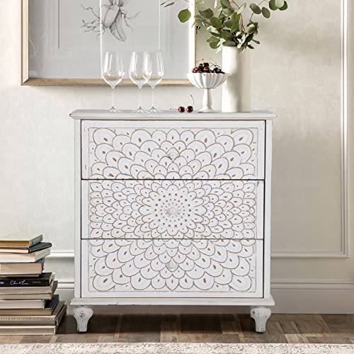 Sophia & William Accent Storage Cabinet with 3 Drawers Distressed Storage Chest with Carved Finch Feather Pattern for Entryway Living Room Bedroom