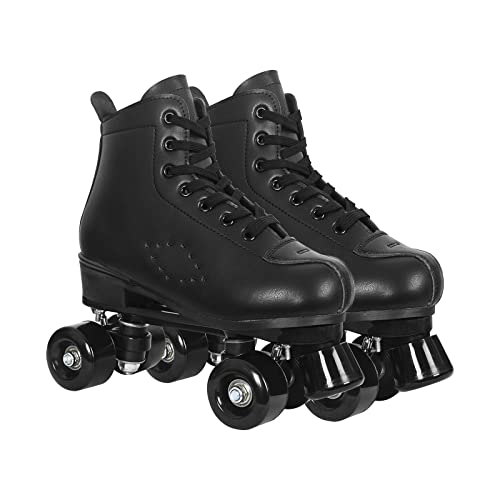 Roller Skates for Women with PU Leather High-top Double Row Rollerskates, Unisex-Adult Indoor Outdoor Black Derby Skate Size 8 with Wear-Resistant Rubber Fast Braking for Beginner