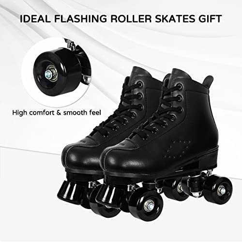 Roller Skates for Women with PU Leather High-top Double Row Rollerskates, Unisex-Adult Indoor Outdoor Black Derby Skate Size 8 with Wear-Resistant Rubber Fast Braking for Beginner