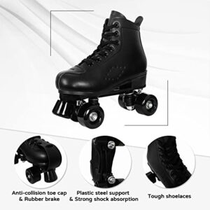 Roller Skates for Women with PU Leather High-top Double Row Rollerskates, Unisex-Adult Indoor Outdoor Black Derby Skate Size 8 with Wear-Resistant Rubber Fast Braking for Beginner