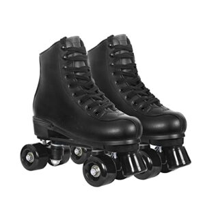 roller skates for women with pu leather high-top double row rollerskates, unisex-adult indoor outdoor black derby skate size 8.5 with wear-resistant rubber fast braking for beginner