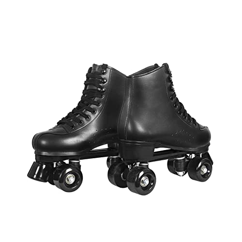 Roller Skates for Women with PU Leather High-top Double Row Rollerskates, Unisex-Adult Indoor Outdoor Black Derby Skate Size 8.5 with Wear-Resistant Rubber Fast Braking for Beginner