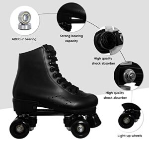 Roller Skates for Women with PU Leather High-top Double Row Rollerskates, Unisex-Adult Indoor Outdoor Black Derby Skate Size 8.5 with Wear-Resistant Rubber Fast Braking for Beginner