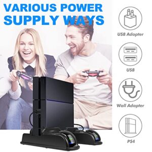 PS4 Stand Cooling Fan Station for Playstation 4/PS4 Slim/PS4 Pro, PS4 Vertical Stand with Dual Controller Port Charger Dock Station, 12 Game Slots, USB Fast Charging Station with LED Indicator