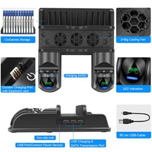 PS4 Stand Cooling Fan Station for Playstation 4/PS4 Slim/PS4 Pro, PS4 Vertical Stand with Dual Controller Port Charger Dock Station, 12 Game Slots, USB Fast Charging Station with LED Indicator