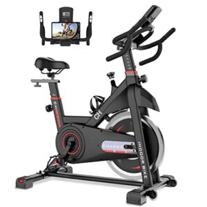 exercise bike stationary, chaoke indoor cycling bike with heavy flywheel, comfortable seat cushion, silent belt drive, lcd monitor for home gym cardio workout training