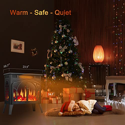 Electric Fireplace Stove Heater, Freestanding Electric Fireplace, Fireplace Heater with 3D Logs and Realistic Flame,Adjustable Brightness and Color, 5100btu Max 1500w,Black