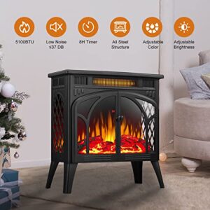 Electric Fireplace Stove Heater, Freestanding Electric Fireplace, Fireplace Heater with 3D Logs and Realistic Flame,Adjustable Brightness and Color, 5100btu Max 1500w,Black