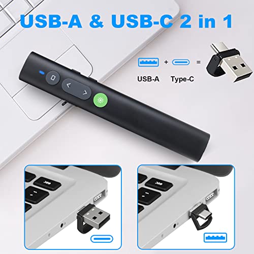 Rechargeable Presentation Clicker for PowerPoint Green Light Pointer, USB-A/USB-C Wireless Presenter Remote, Google Slide Advancer Smart Board Slideshow PPT Clicker for Mac/Laptop/Computer/Office