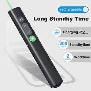 Rechargeable Presentation Clicker for PowerPoint Green Light Pointer, USB-A/USB-C Wireless Presenter Remote, Google Slide Advancer Smart Board Slideshow PPT Clicker for Mac/Laptop/Computer/Office