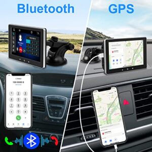 2023 Newest Portable Car Radio with Apple Carplay and Android Auto, Wireless Car Stereo 7" IPS Touchscreen with Bluetooth Hands-Free/Mirror Link/Google and Siri Assistant, Dash or Windshield Mounted