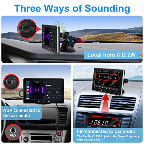 2023 Newest Portable Car Radio with Apple Carplay and Android Auto, Wireless Car Stereo 7" IPS Touchscreen with Bluetooth Hands-Free/Mirror Link/Google and Siri Assistant, Dash or Windshield Mounted