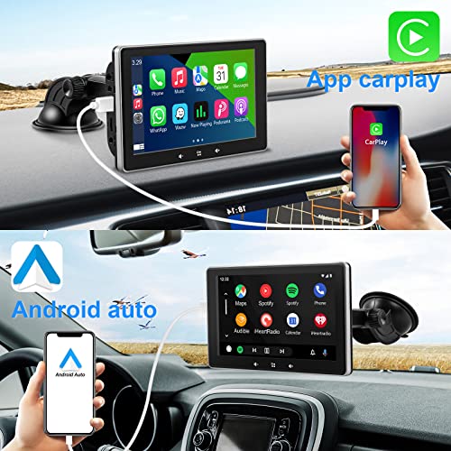 2023 Newest Portable Car Radio with Apple Carplay and Android Auto, Wireless Car Stereo 7" IPS Touchscreen with Bluetooth Hands-Free/Mirror Link/Google and Siri Assistant, Dash or Windshield Mounted