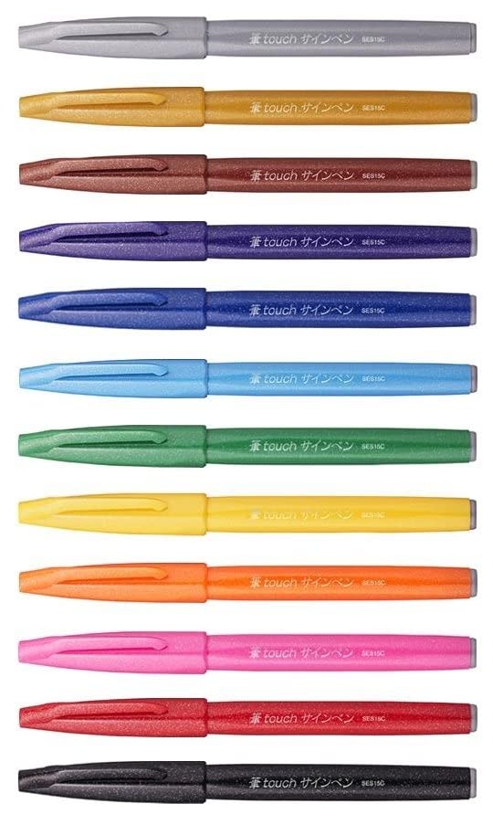 Pentel Brush Sign Pen 12-piece wallet - Original Colours - YSES15C/12-M