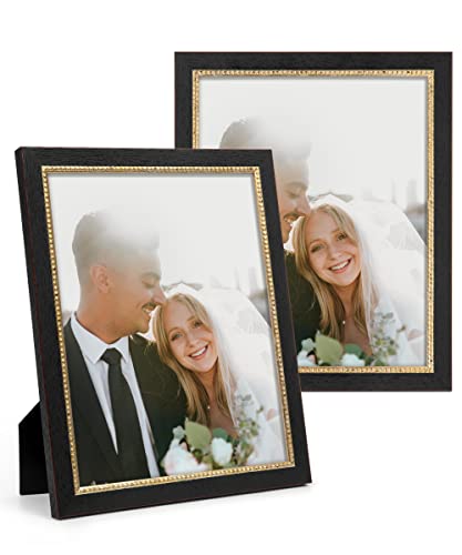 Sapowerntus 8x10 Picture Frames 5x7 with Mat, Black Gold Vintage Photo Frame Set of 2, Beaded Trim Antique Classic Wall Hanging Tabletop Display Decor, Graduation Family Wedding Gift