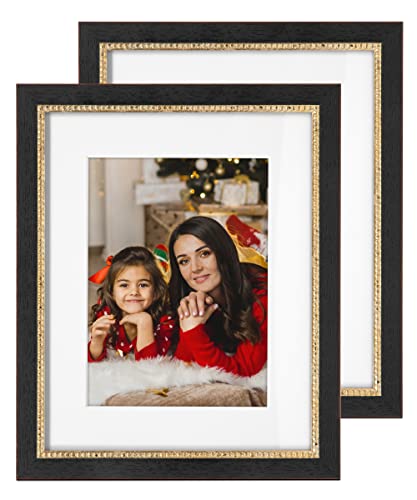 Sapowerntus 8x10 Picture Frames 5x7 with Mat, Black Gold Vintage Photo Frame Set of 2, Beaded Trim Antique Classic Wall Hanging Tabletop Display Decor, Graduation Family Wedding Gift