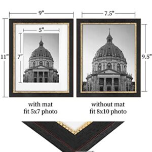 Sapowerntus 8x10 Picture Frames 5x7 with Mat, Black Gold Vintage Photo Frame Set of 2, Beaded Trim Antique Classic Wall Hanging Tabletop Display Decor, Graduation Family Wedding Gift