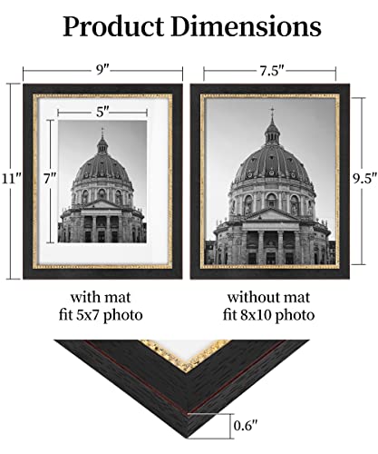 Sapowerntus 8x10 Picture Frames 5x7 with Mat, Black Gold Vintage Photo Frame Set of 2, Beaded Trim Antique Classic Wall Hanging Tabletop Display Decor, Graduation Family Wedding Gift