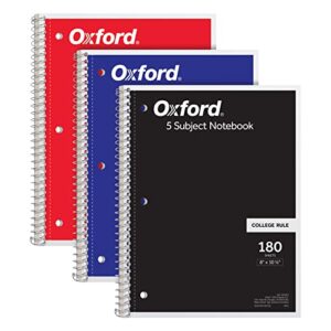 oxford spiral notebook 3 pack, 5 subject, college ruled paper, 4 dividers, 8 x 10-1/2 inches, black, red, blue, 180 sheets (65203)