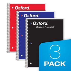 Oxford Spiral Notebook 3 Pack, 5 Subject, College Ruled Paper, 4 Dividers, 8 x 10-1/2 Inches, Black, Red, Blue, 180 Sheets (65203)