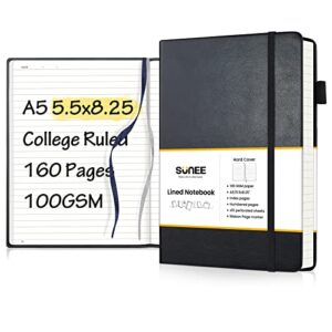 sunee a5 college ruled lined journal notebook with 160 pages 5.5x8.25 inches 100gsm writing paper, hardcover journal with black vegan leather cover, pen loop and numbered sheets