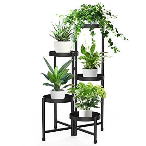 iDavosic.ly 5 Tier Metal Plant Stand for Indoor Outdoor, Foldable Corner Tall Plant Shelf for Multiple Plants, Flower Pot Holder Display Stand for Living Room Balcony Garden Patio (Black)