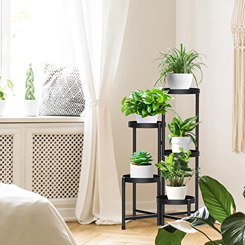 iDavosic.ly 5 Tier Metal Plant Stand for Indoor Outdoor, Foldable Corner Tall Plant Shelf for Multiple Plants, Flower Pot Holder Display Stand for Living Room Balcony Garden Patio (Black)