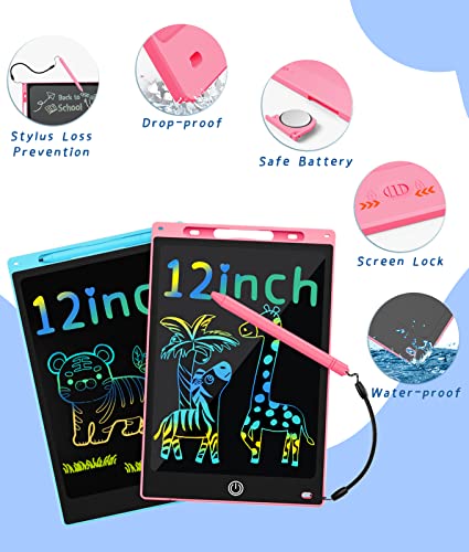 LCD Writing Tablet for Kids, 2Pck Drawing Tablets Toddler Toys Doodle Board 12 inch Writing Pad Drawing Tablet, Boys Girls Gift Trip Travel Essentials Learning Games 3-5 6-8 9-12 Year Old, Blue+Pink