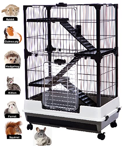 Large Multi-Level Indoor Outdoor Small Animal Cage for Guinea Pig Ferret Chinchilla Cat Playpen Rabbit Hutch with Solid Platform & Ramp Leakproof Litter Tray Large Access Doors (Black, 4-Level)