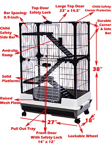 Large Multi-Level Indoor Outdoor Small Animal Cage for Guinea Pig Ferret Chinchilla Cat Playpen Rabbit Hutch with Solid Platform & Ramp Leakproof Litter Tray Large Access Doors (Black, 4-Level)