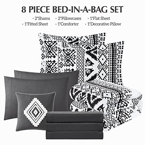 CASAAGUSTO Queen Comforter Set, 8 Pieces Boho Comforter Set, Microfiber Cozy Bohomian Bedding Set with Decor Pillow, Lightweight Breathable for All Seasons (Black and White Queen 90x90 Inches)