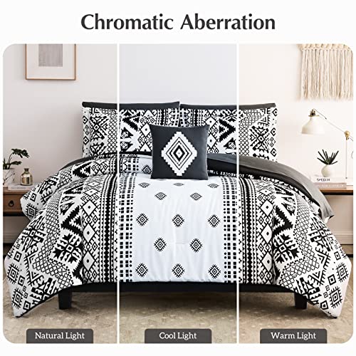 CASAAGUSTO Queen Comforter Set, 8 Pieces Boho Comforter Set, Microfiber Cozy Bohomian Bedding Set with Decor Pillow, Lightweight Breathable for All Seasons (Black and White Queen 90x90 Inches)