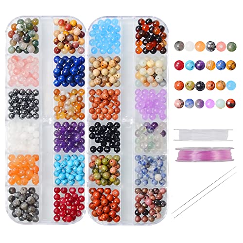 4mm Natural Mixed Materials Gemstones Beads Tiny Spacer Round Loose Beads Jewelry Making KIT with Thread and Needles 600 PCS(24 Natural, 4mm)