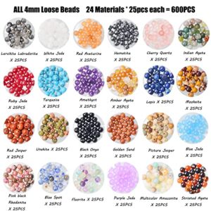 4mm Natural Mixed Materials Gemstones Beads Tiny Spacer Round Loose Beads Jewelry Making KIT with Thread and Needles 600 PCS(24 Natural, 4mm)