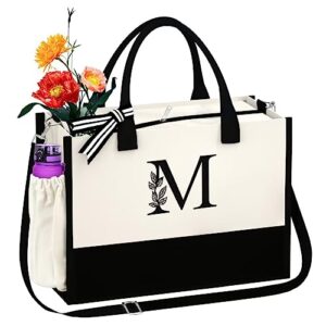 aunool birthday gifts for women mom - m monogrammed tote bag with zipper pocket, personalized beach canvas bag for women, bridesmaid bridal shower gifts graduation gifts for girls, christmas gift bag