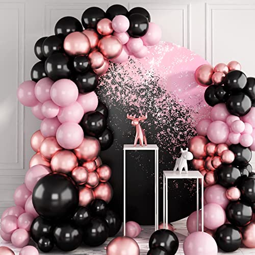 Balloons Garland Kit Black Pink, 96PCS Metallic Chrome Rose Gold Black and Pink Balloon Arch Kit for Girls Women Birthday, Wedding, Baby Shower, Anniversary, Bridal Shower Decoration Party