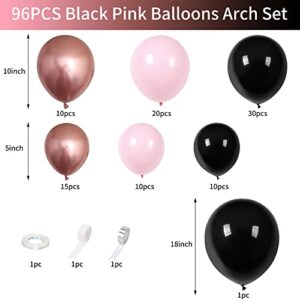 Balloons Garland Kit Black Pink, 96PCS Metallic Chrome Rose Gold Black and Pink Balloon Arch Kit for Girls Women Birthday, Wedding, Baby Shower, Anniversary, Bridal Shower Decoration Party