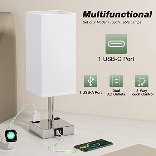 Fully Dimmable Nightstand Lamps Set of 2& 3-Way Touch Dimmable Bedside Lamps,Table Lamps with USB C+A and Dual AC Outlets for Bedroom Living Room Guestroom(LED Bulb Included)