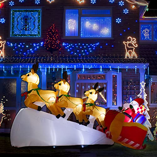 luxfcup 9FT Long Christmas Inflatable Santa Reindeer Decoration for Outdoor Yard Santa Sleigh Inflatable Outdoor Decorations with LED Lights Christmas Blow Up 3 Deers with Sleigh Decor