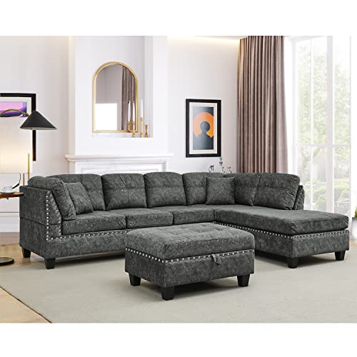 UBGO Furniture, L-Shape Set,Modern Upholstered Living Room Sectional Reversible Chaise,Couches Sofas for Large Space Dorm Apartment-Gray