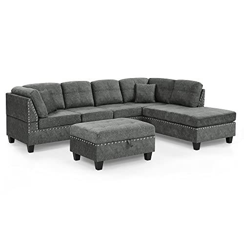 UBGO Furniture, L-Shape Set,Modern Upholstered Living Room Sectional Reversible Chaise,Couches Sofas for Large Space Dorm Apartment-Gray